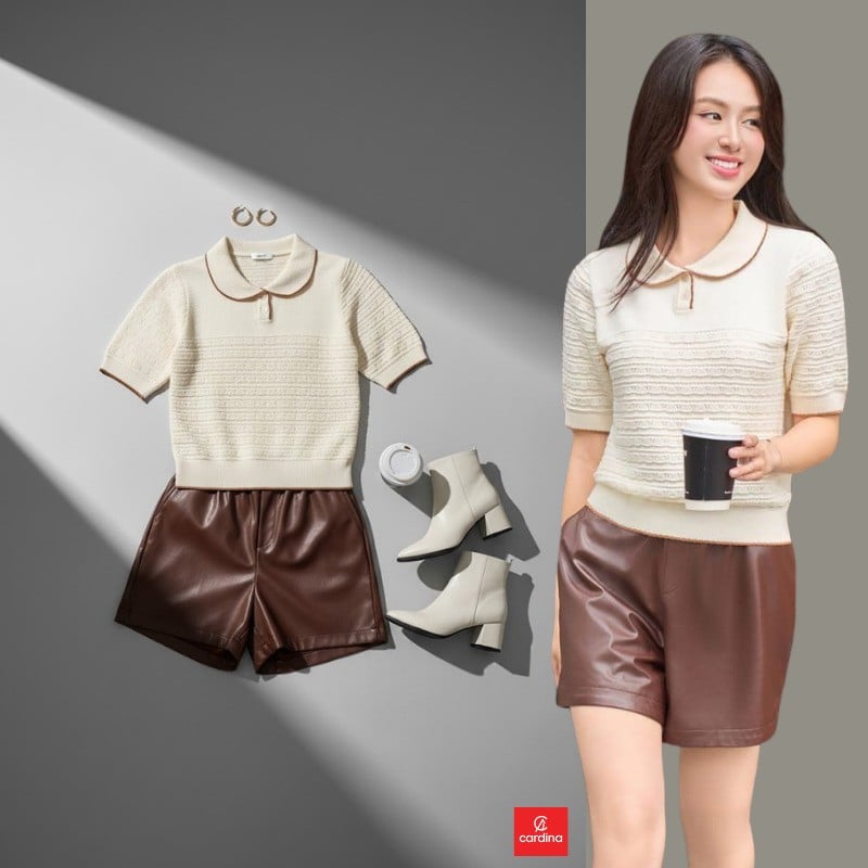 Áo polo len dệt và quần short da nâu