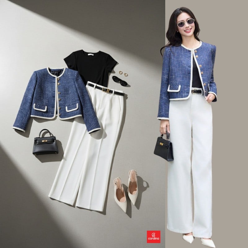 Áo khoác tweed xanh và quần trắng ống rộng