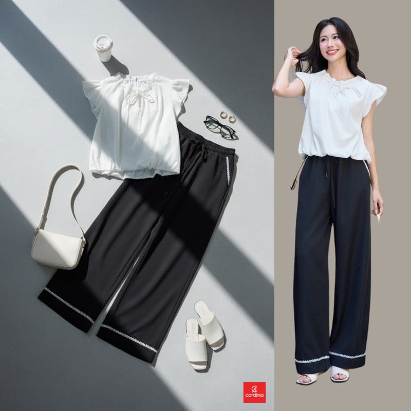 Áo blouse cánh tiên và quần suông đen