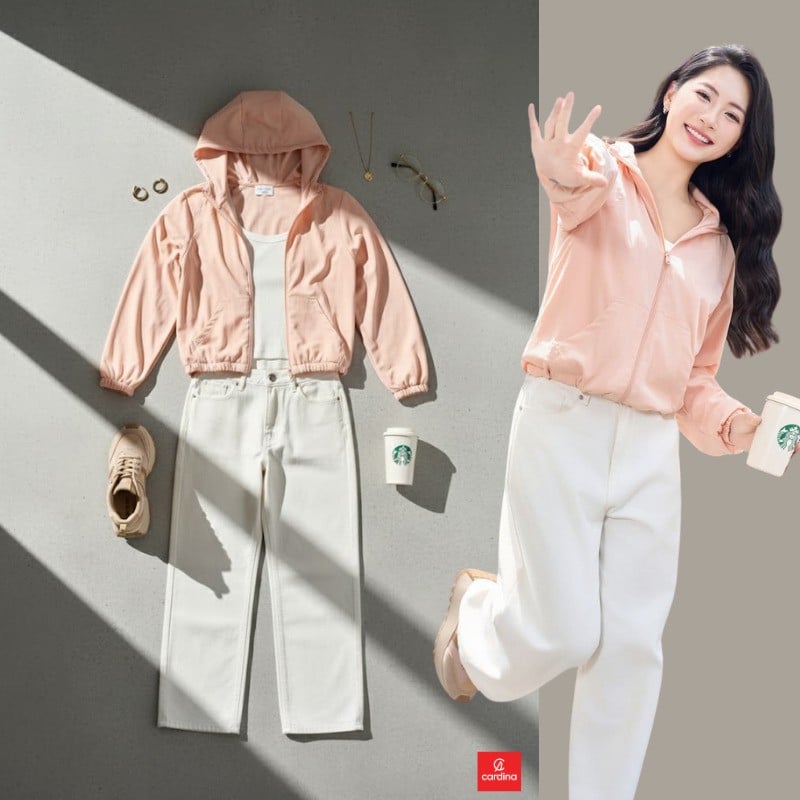 Áo khoác gió và quần jean trắng năng động