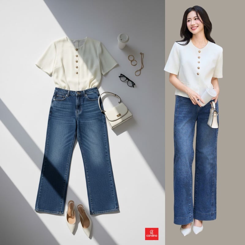 Áo thun trắng cổ tròn và quần jean ống đứng
