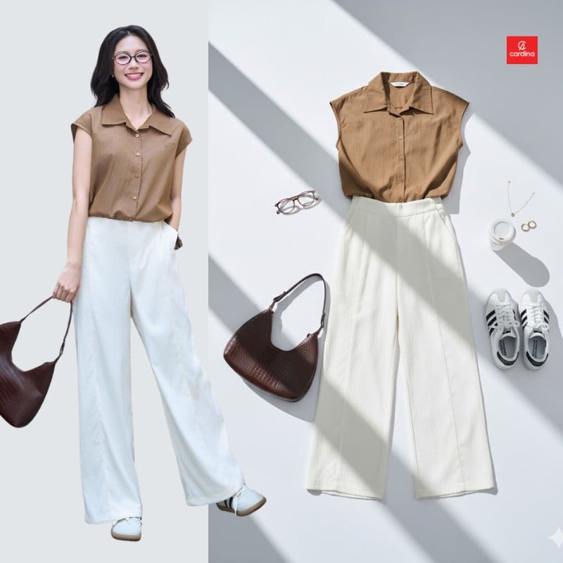 Áo sơ mi không tay và quần suông trắng