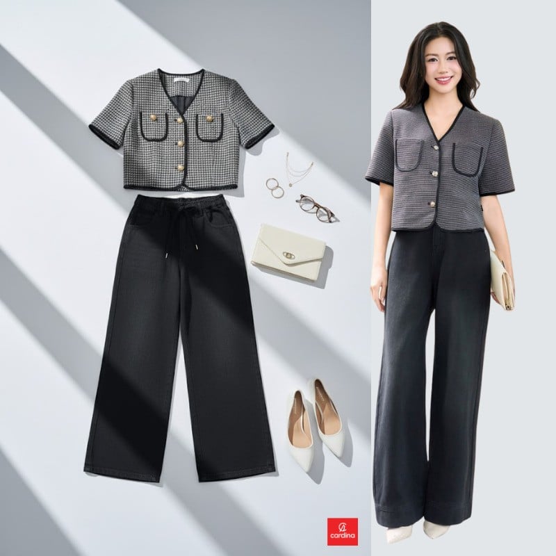 Áo khoác lửng họa tiết houndstooth và quần jean đen