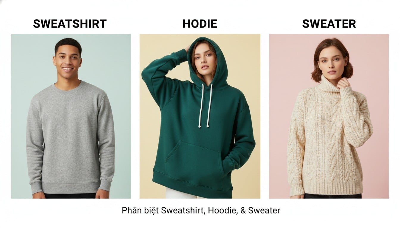 Phân biệt sweatshirt, hoodie và sweater
