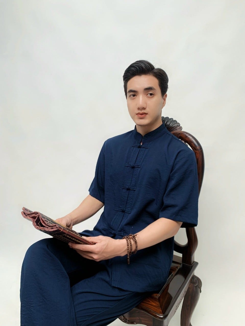 Set Pháp phục Nam Cổ Tàu Khuy Tết Màu Xanh Than