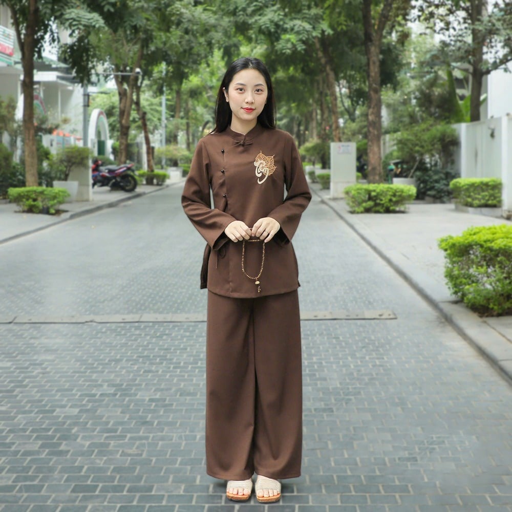 Bộ Phật Tử Dài Tay Màu Nâu Thêu Hoa Sen