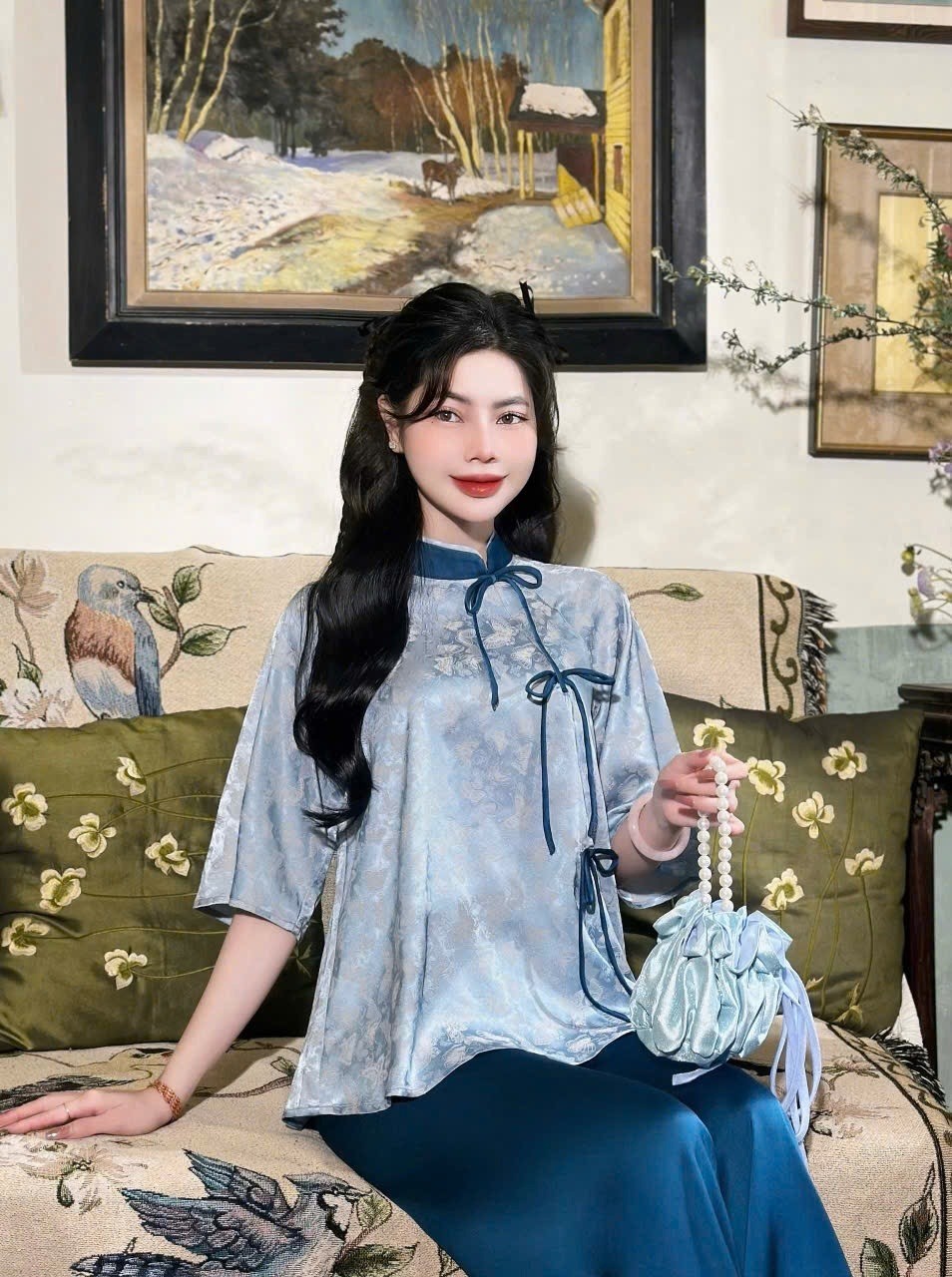 Set Đồ Lụa Xanh Bạc Hà Cổ Tàu Buộc Nơ