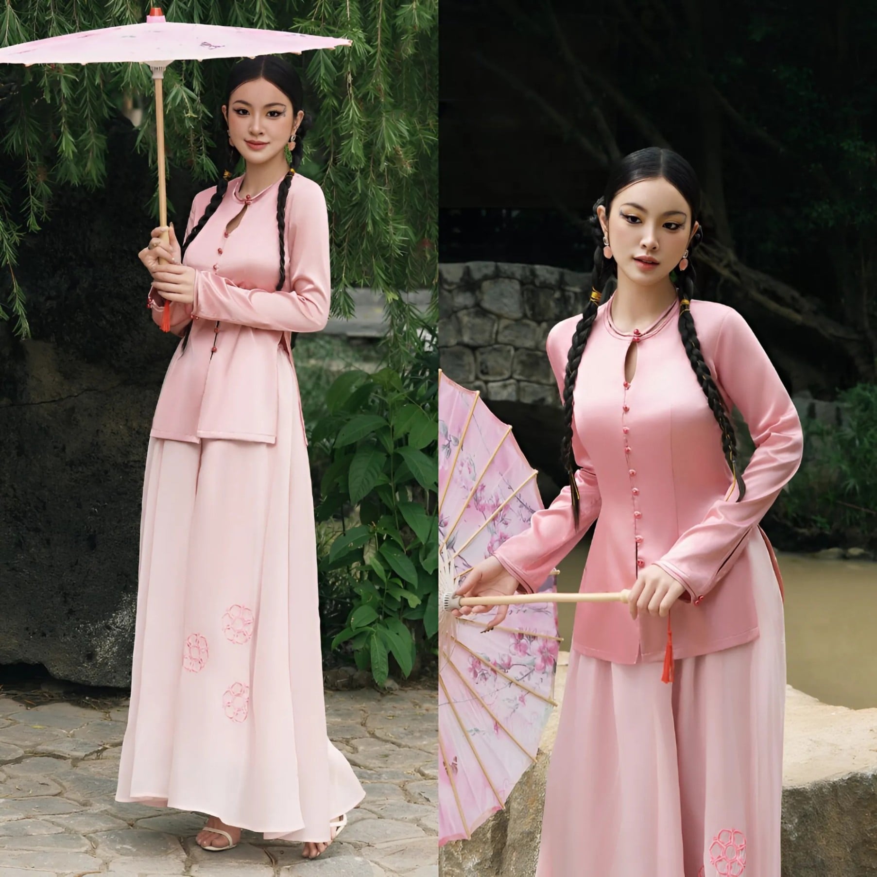 Set Áo Cách Tân Màu Hồng Phối Chân Váy Giả Quần