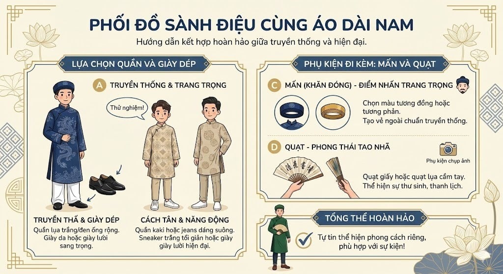 Phối đồ sành điệu cùng áo dài nam