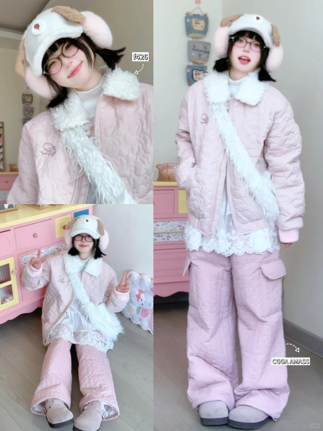 Áo khoác chần bông hồng + Quần cargo hồng + Mũ tai gấu