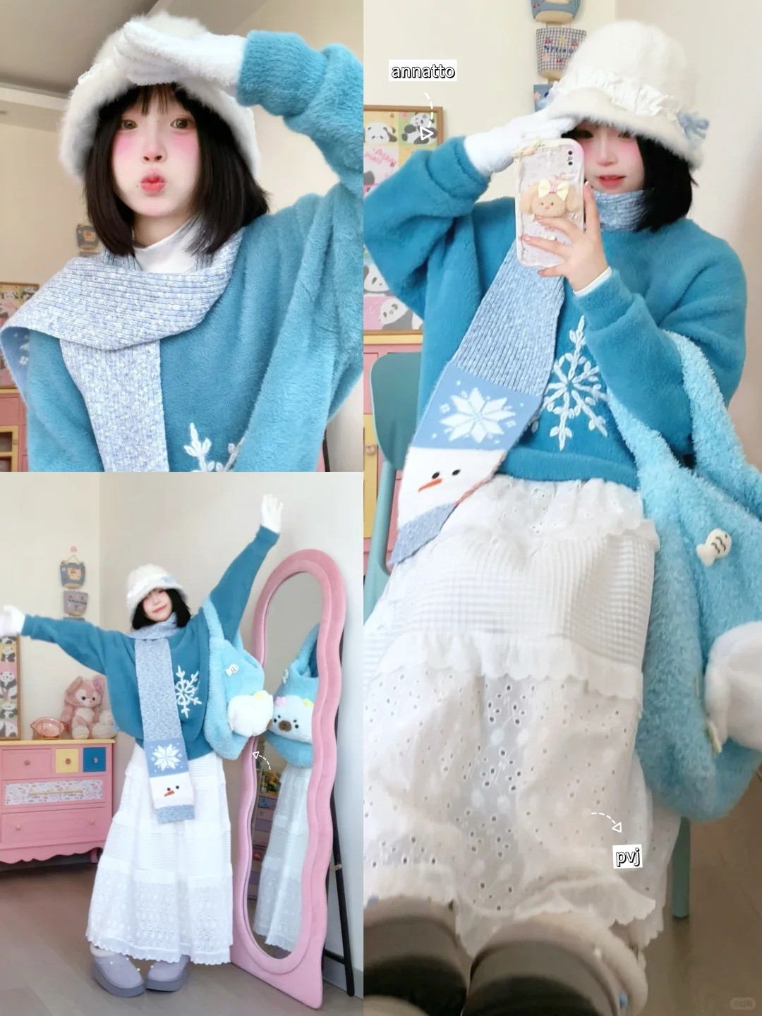 Áo len xanh + Chân váy trắng + Phụ kiện mùa đông