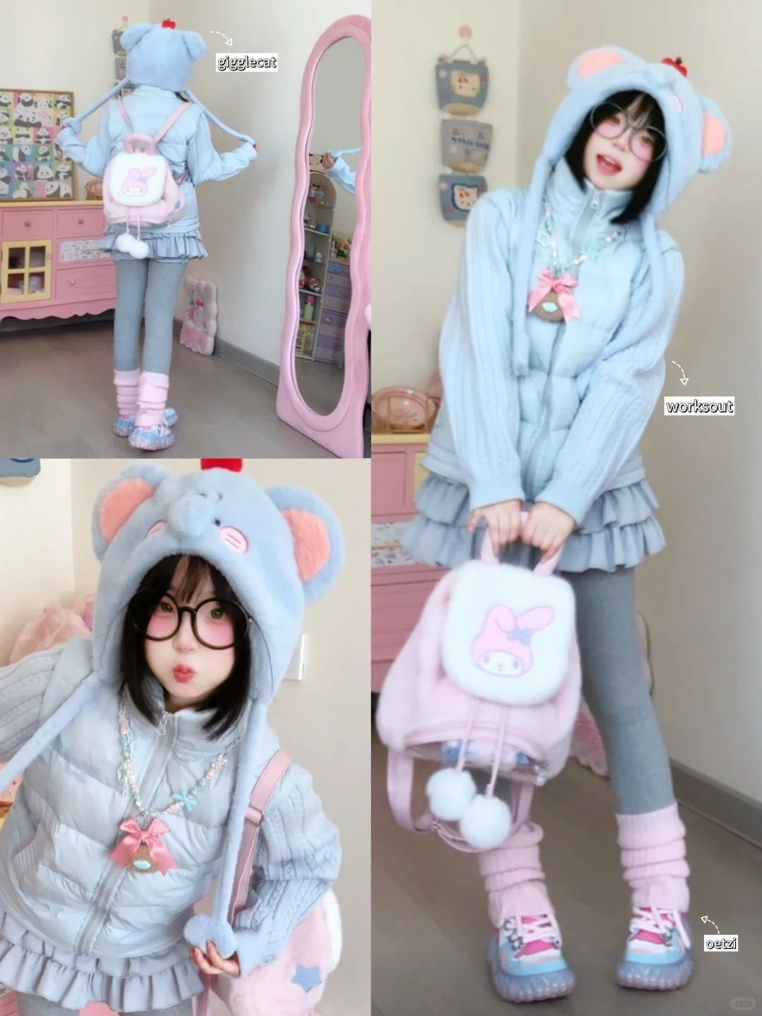 Áo khoác phao tai gấu + Chân váy xòe + Ba lô My Melody