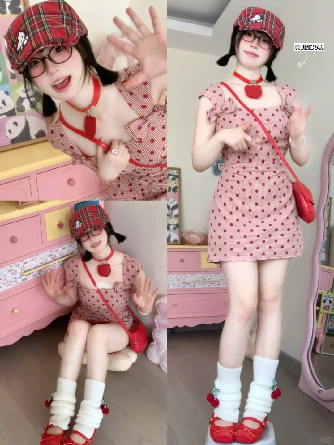 Váy suông hồng chấm bi + Giày Mary Jane đỏ + Mũ beret