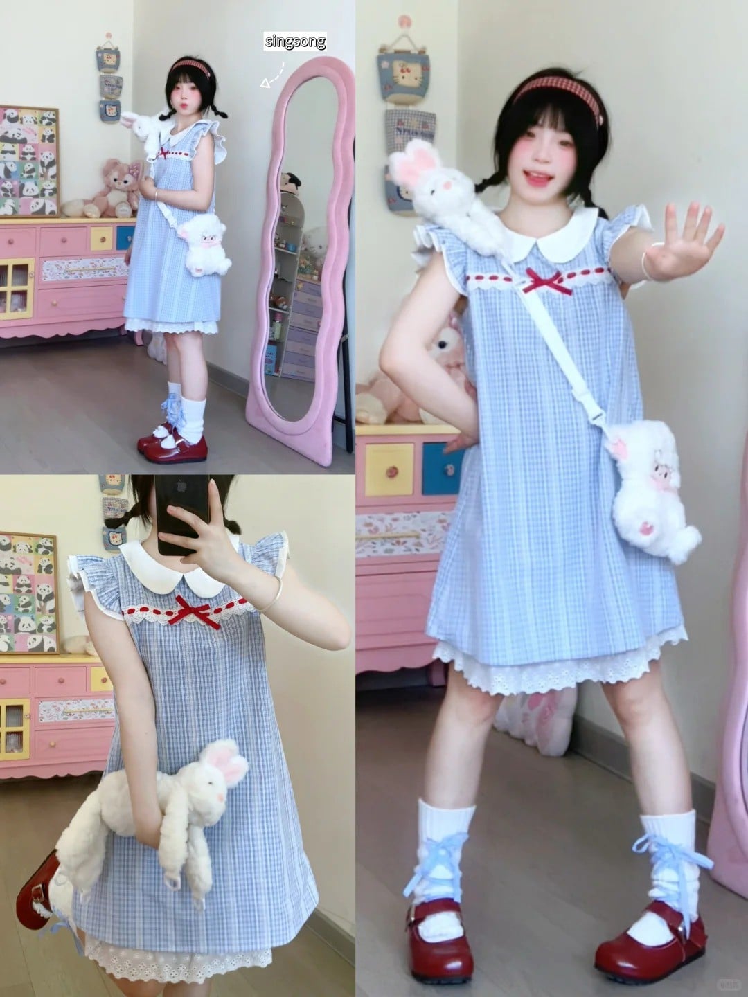 Váy baby doll kẻ caro xanh + Giày Mary Jane + Túi thú bông