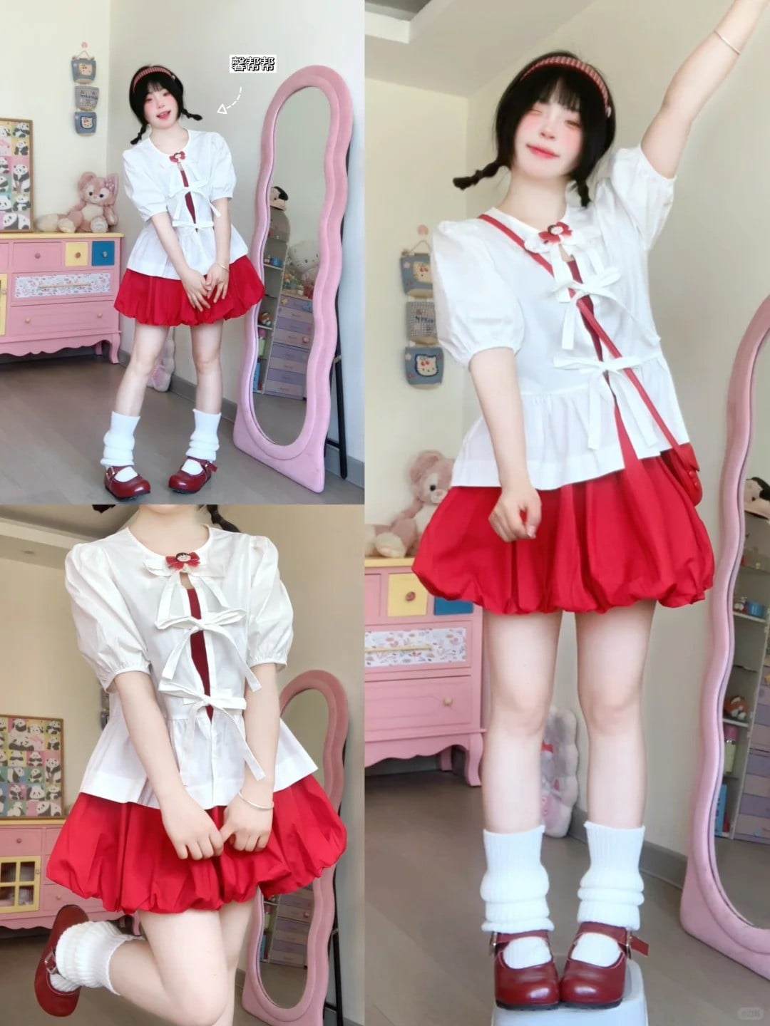 Áo blouse tay phồng + Chân váy bí đỏ + Tất ống nhún