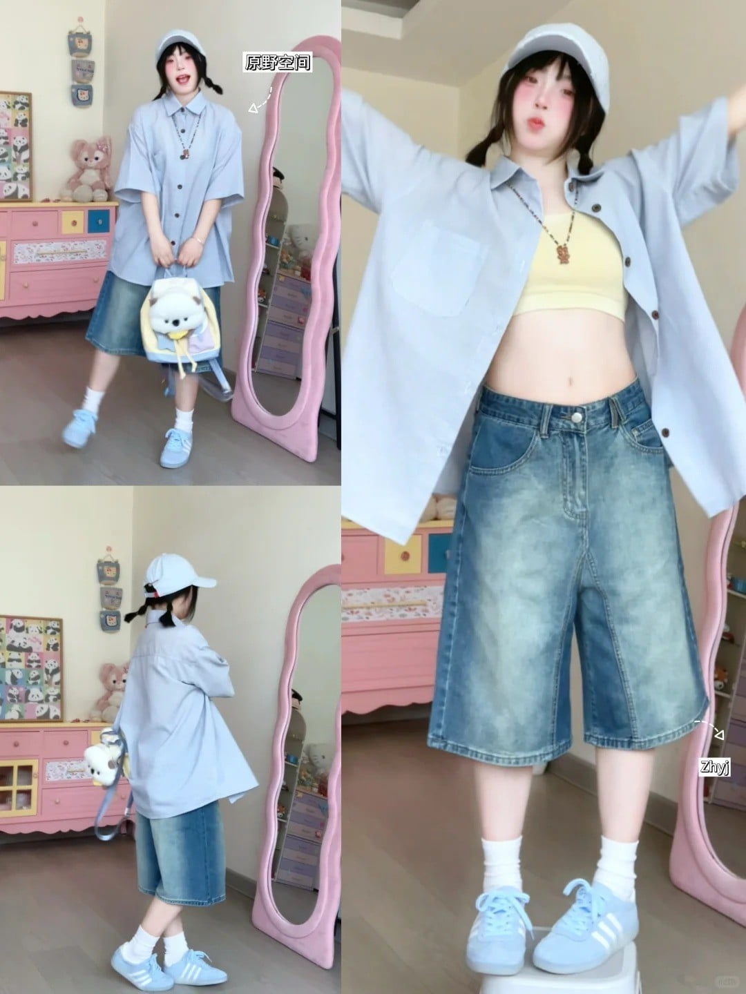 Áo sơ mi oversize + Quần short jean + Giày thể thao