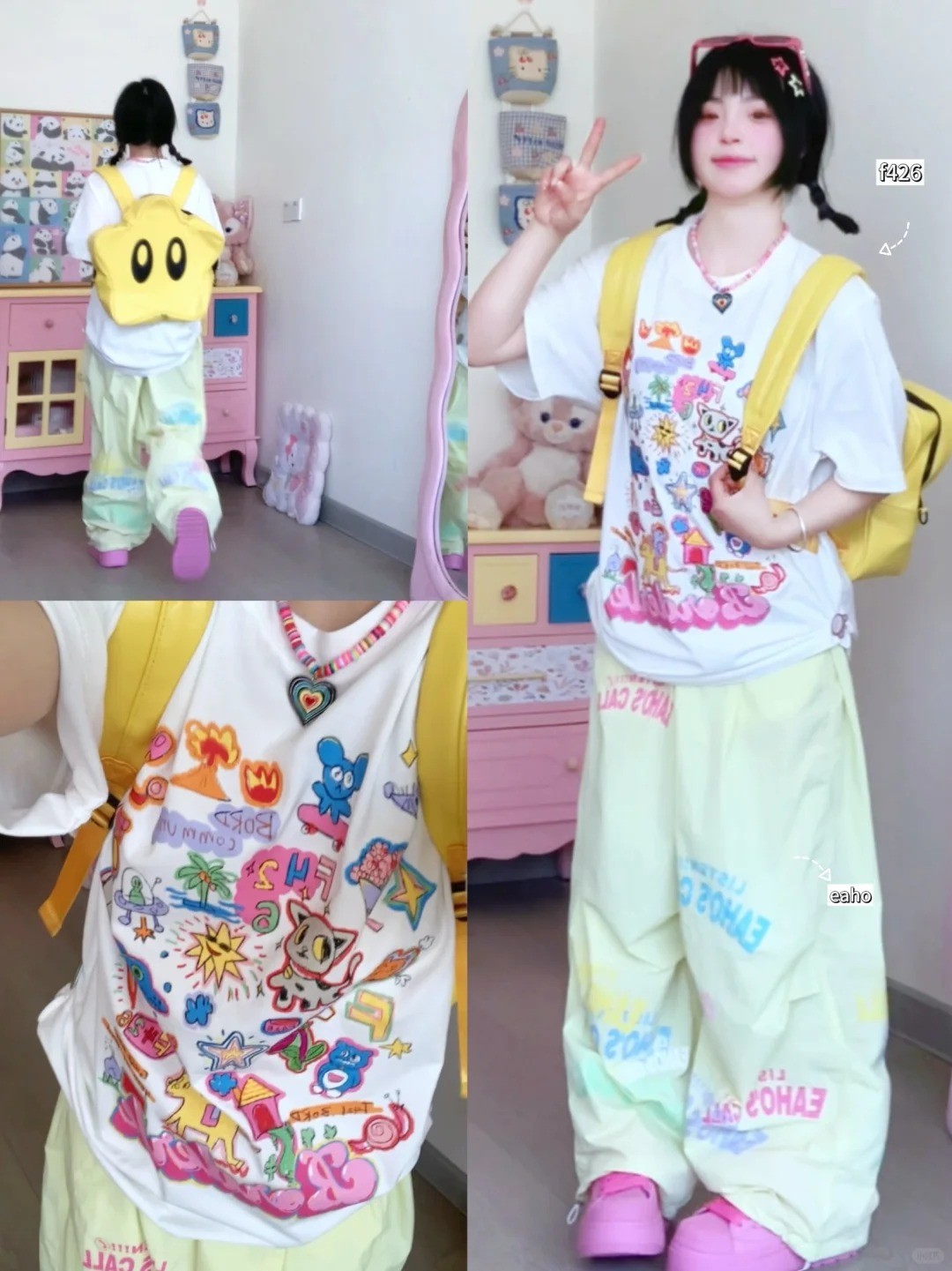 Áo phông hoạt hình + Quần dù ống rộng + Ba lô mini