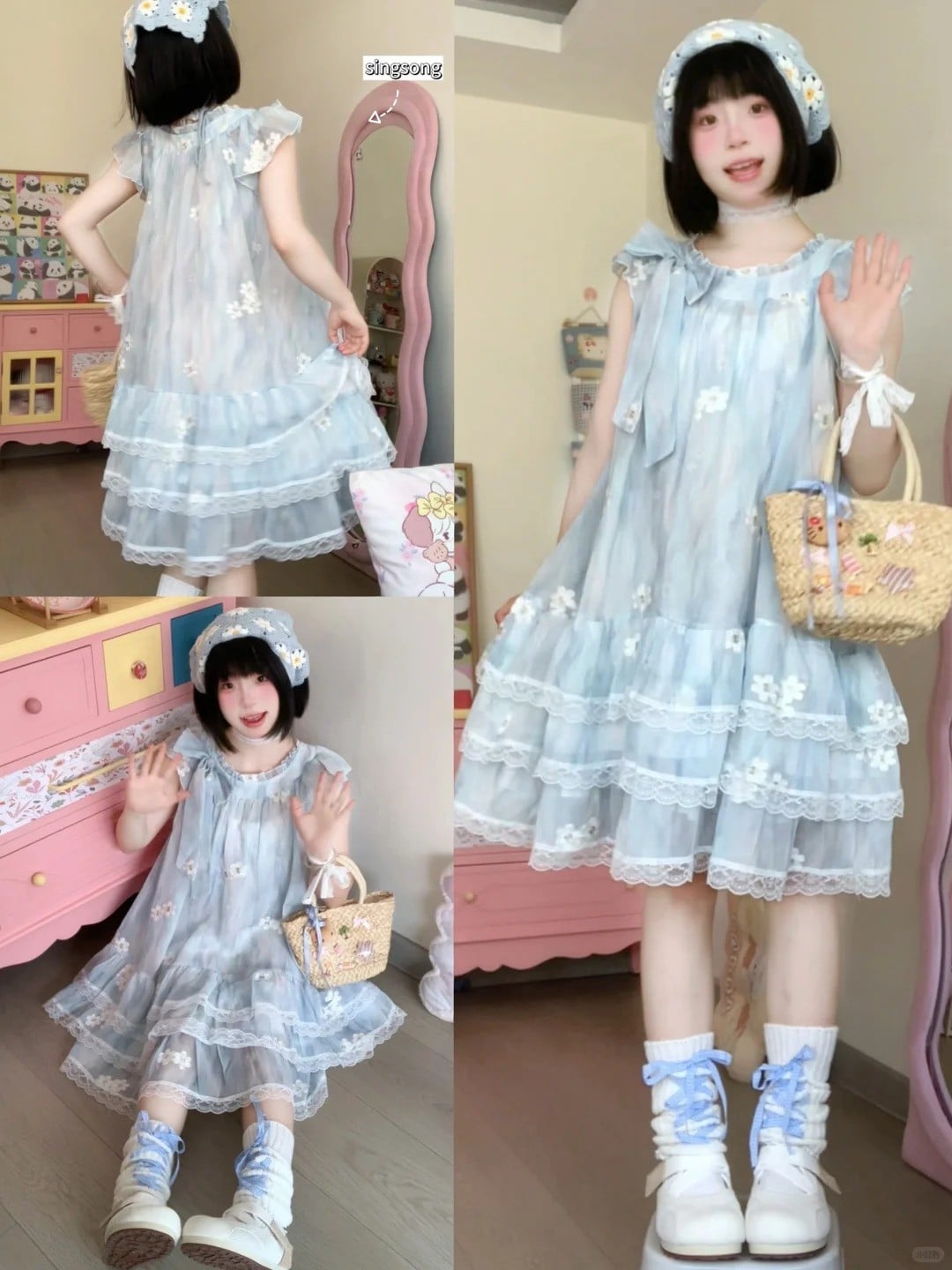 Váy voan hoa nhí + Băng đô + Giày đế bánh mì