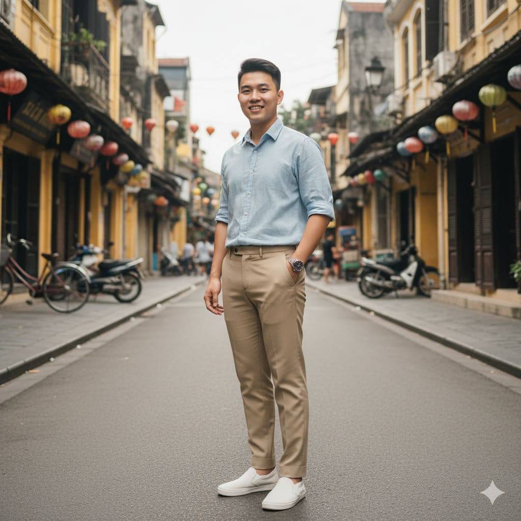 Sơ mi tay ngắn và Quần vải sáng màu