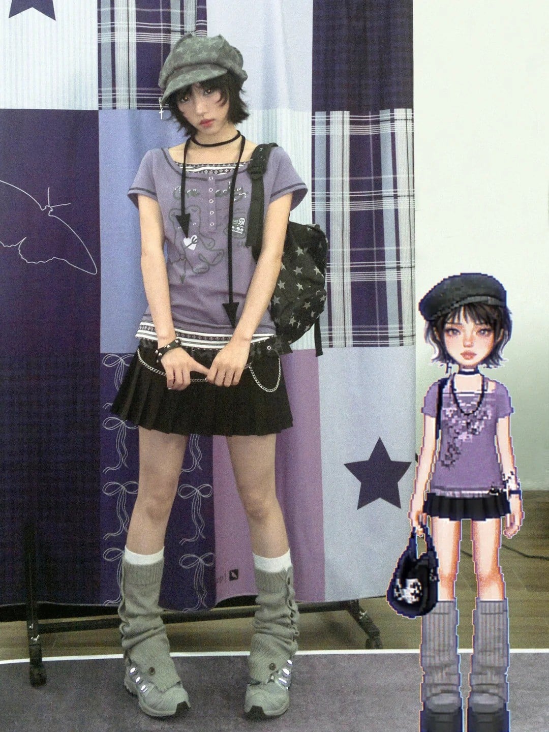 5. Áo thun graphic + Chân váy xếp ly + Mũ beret