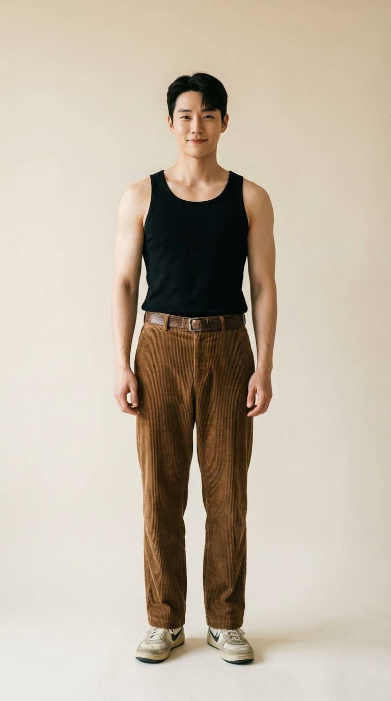 Áo ba lỗ mặc cùng quần nhung tăm (Corduroy) cổ điển