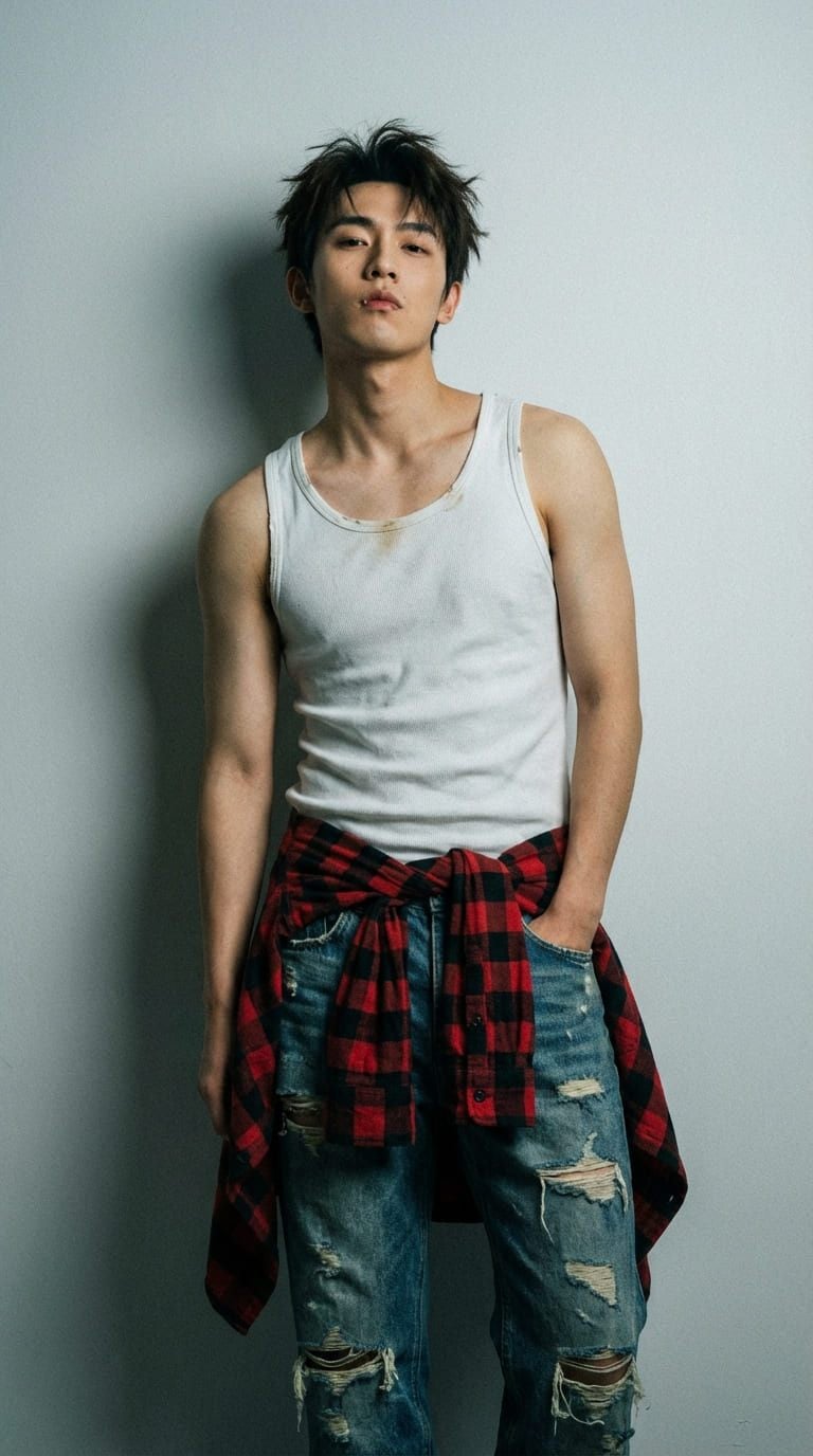 Phối áo ba lỗ và thắt áo sơ mi caro quanh eo