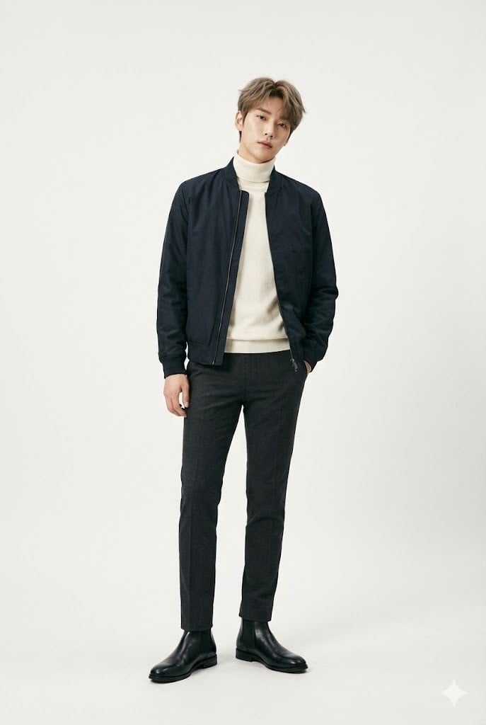 Phối áo bomber nam với áo len cổ lọ