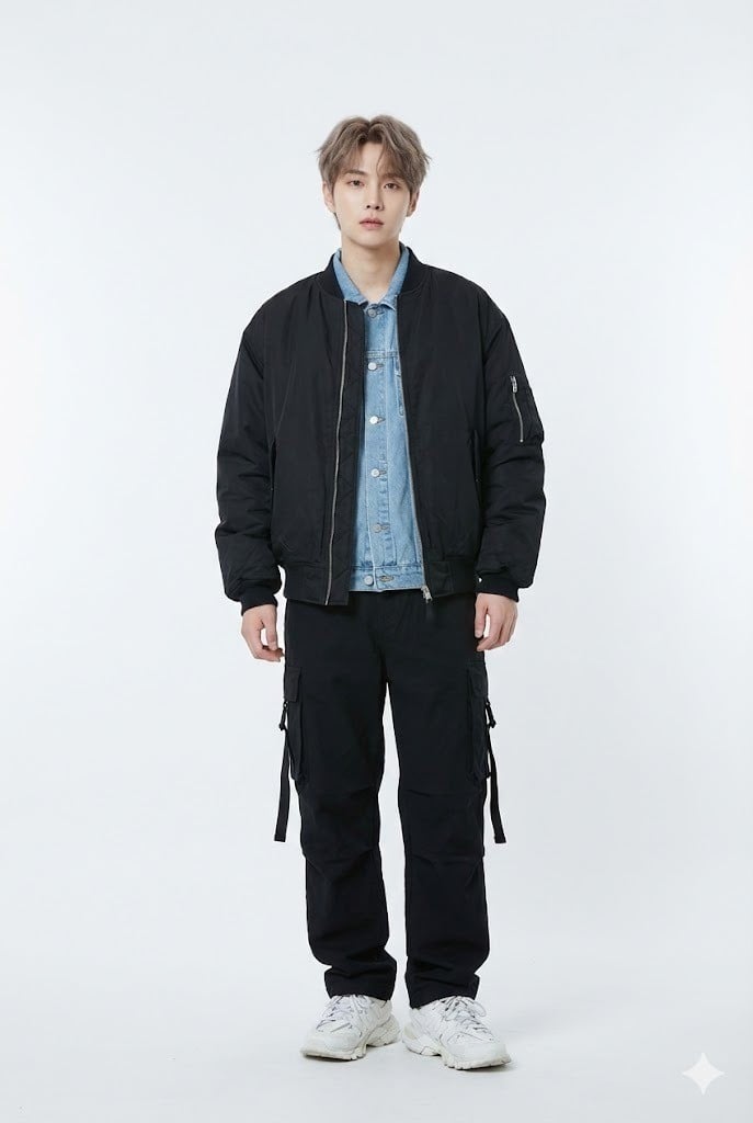 Layering áo bomber bên ngoài áo khoác denim