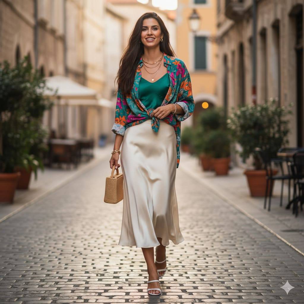 Kết hợp cùng chân váy Midi lụa