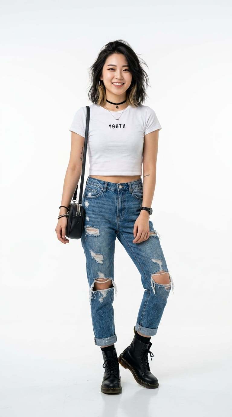 Boot cổ thấp + áo croptop + quần jean rách