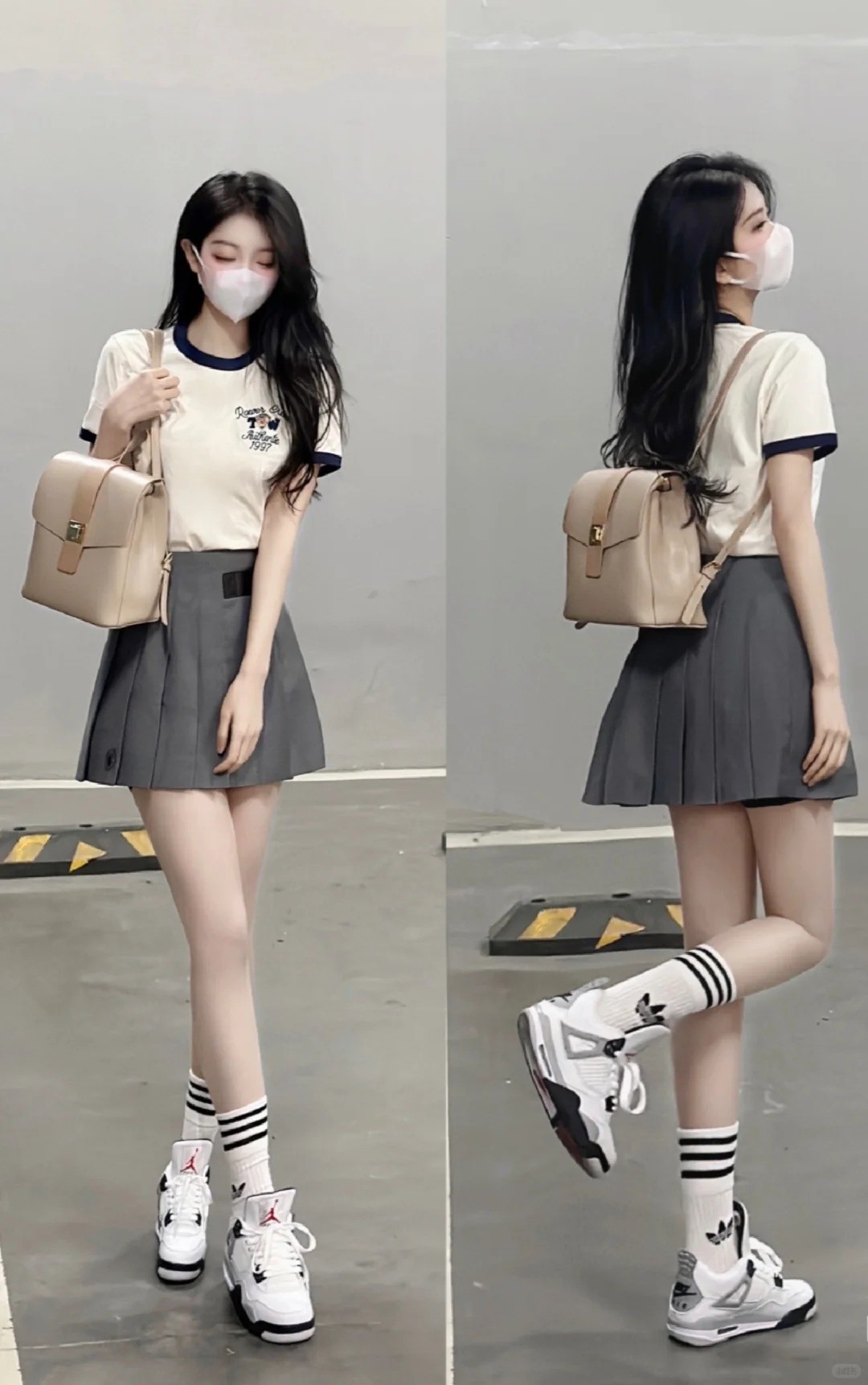 2. Áo phông viền + Chân váy xếp ly xám + Giày Jordan 4 Trắng Xám