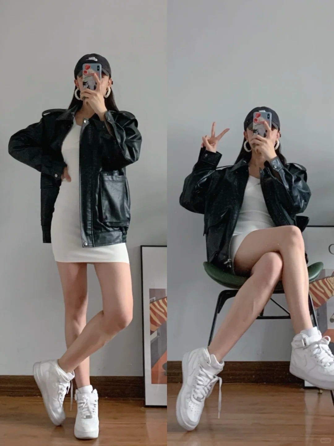 5. Áo khoác da + Váy body trắng + Giày Nike Air Force 1 trắng