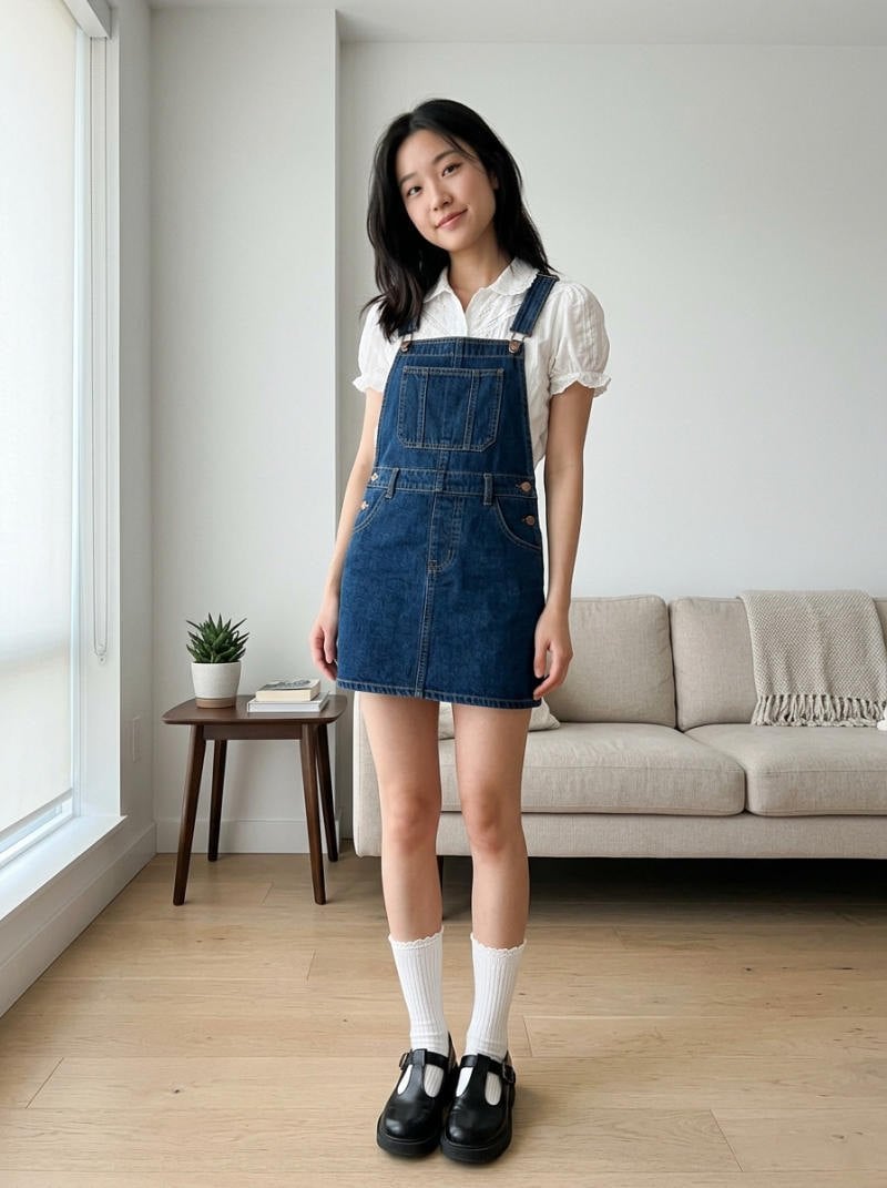Phối với váy yếm Denim và tất cao cổ