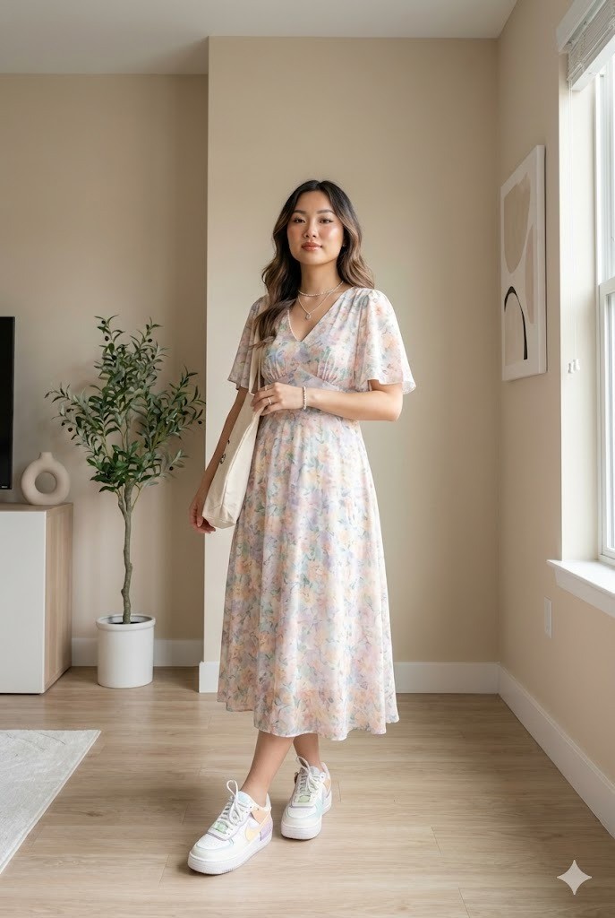 Dịu dàng xuống phố với Váy Đầm nữ tính và Nike Low-top