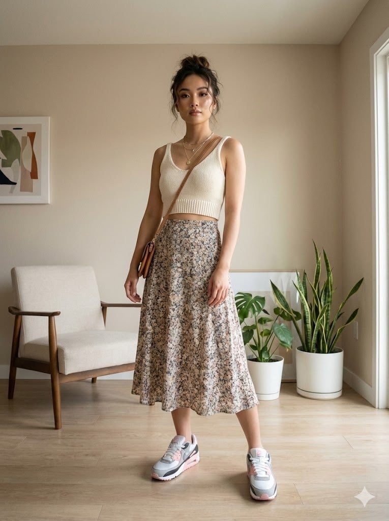 Dịu dàng với chân váy Midi và Nike Air Max