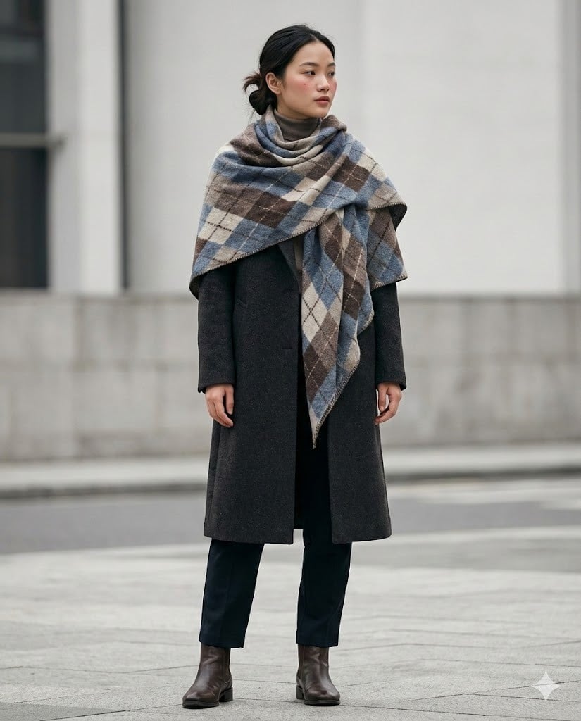 Khăn Choàng Họa Tiết Ô Kim Cương Phối Với Áo Khoác Dạ Trơn