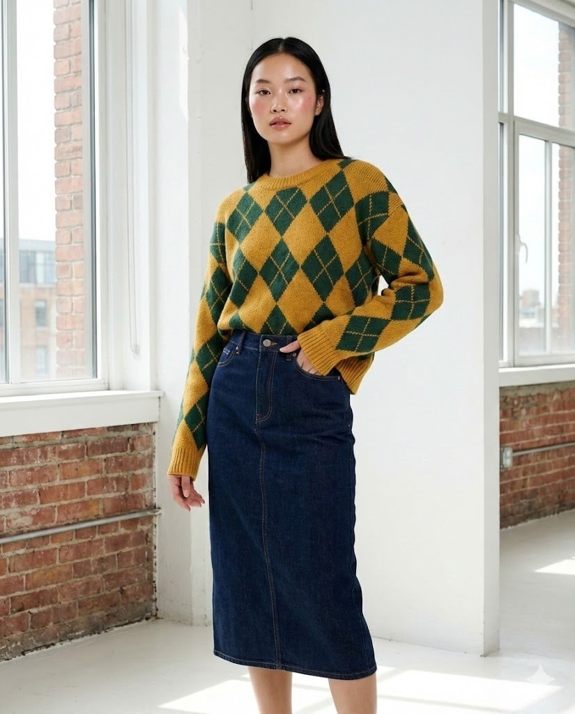 Phối Họa Tiết Ô Kim Cương Với Denim Tối Màu