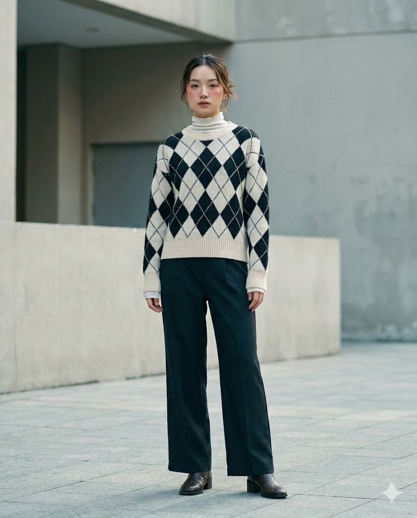Layer Sweater Họa Tiết Ô Kim Cương Với Áo Cổ Lọ Bên Trong