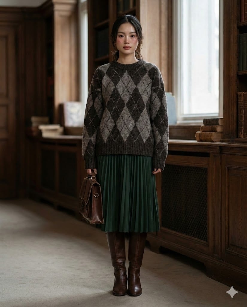 Sweater Họa Tiết Ô Kim Cương Mix Chân Váy Xếp Ly Và Boots Cổ Cao