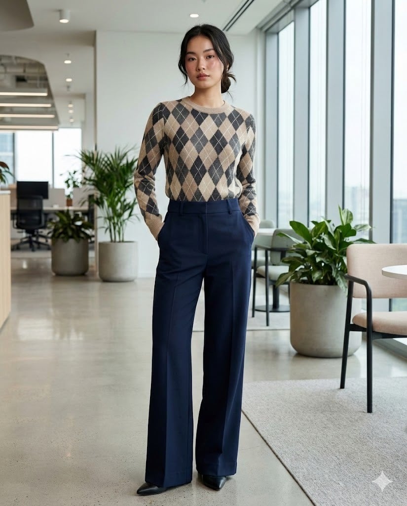 Áo Len Họa Tiết Ô Kim Cương Cùng Quần Tây Suông