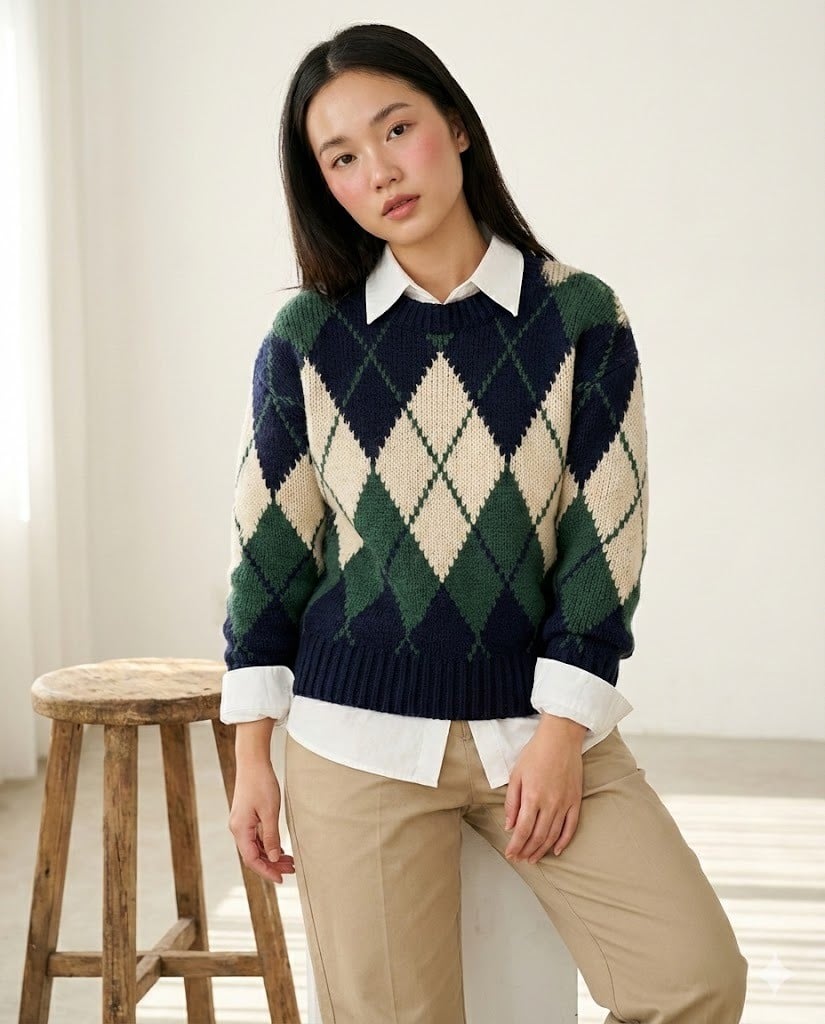 Sweater Họa Tiết Ô Kim Cương Phối Sơ Mi Cổ Đức