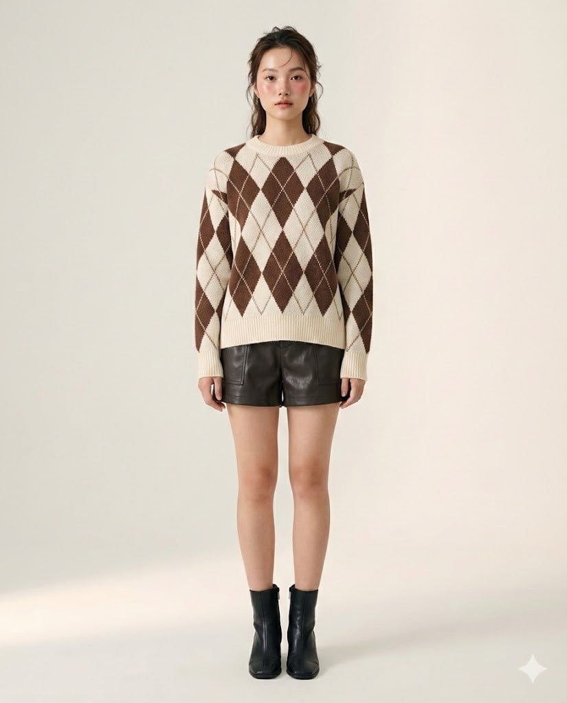 Sweater Họa Tiết Ô Kim Cương Phối Quần Short Và Boots