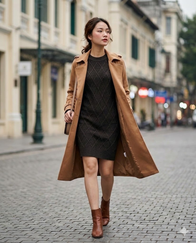 Váy Len Họa Tiết Ô Kim Cương Phối Trench Coat