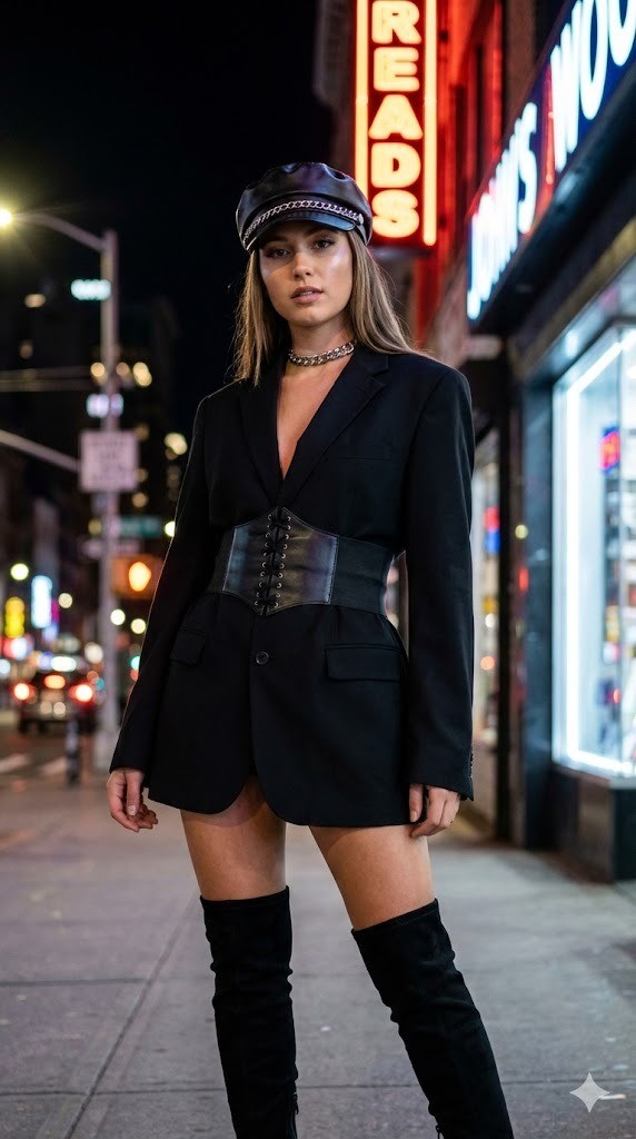 13. Áo Blazer đen giấu quần + Thắt lưng Corset + Mũ Newsboy có xích + Boots đùi quá gối