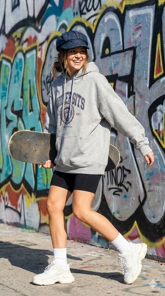 12. Áo Hoodie Oversize + Quần Biker shorts + Mũ Newsboy đội ngược + Sneaker Chunky & Tất trắng cao cổ