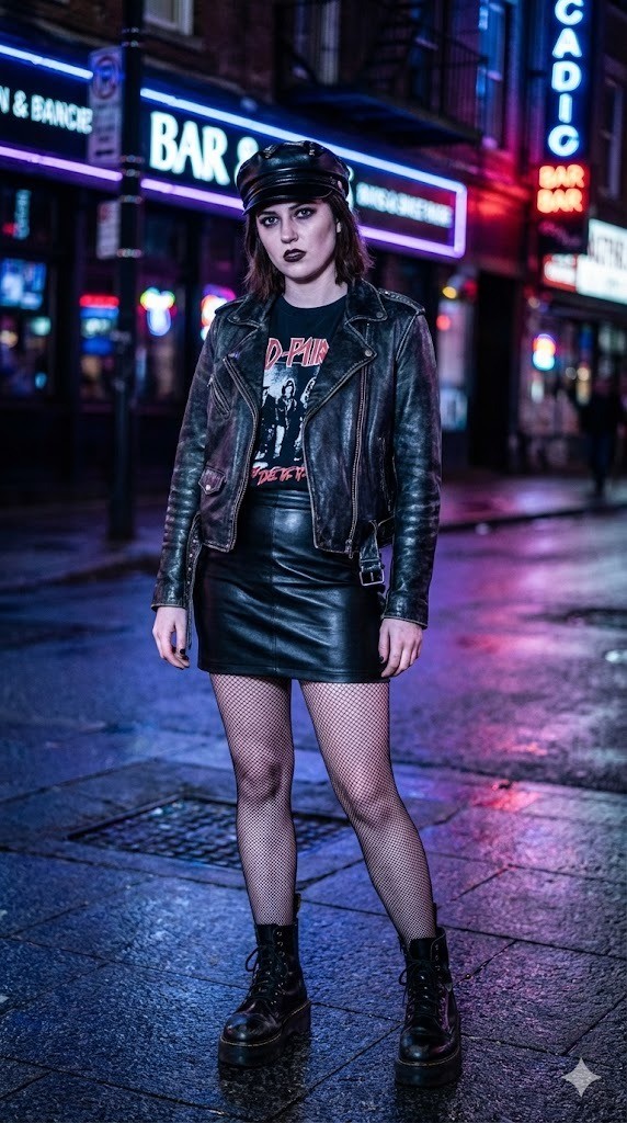 11. Áo khoác da Biker + Váy da ôm sát + Mũ Newsboy da bóng + Tất lưới & Boots hầm hố