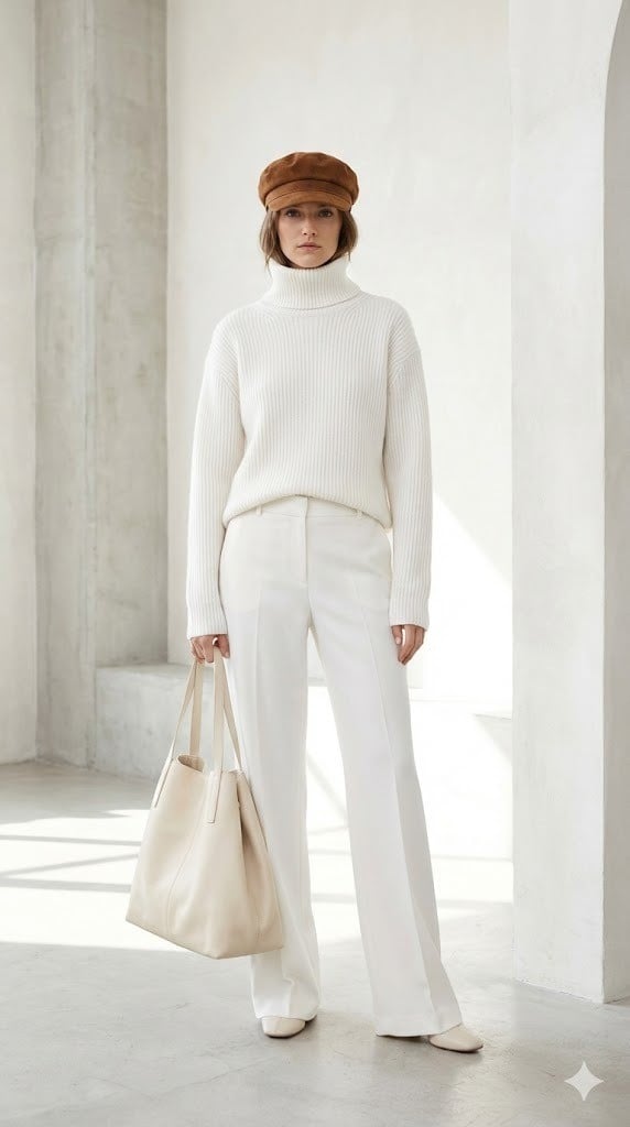10. Áo len cổ lọ trắng + Quần âu trắng + Mũ Newsboy nâu tây + Túi Tote da mềm