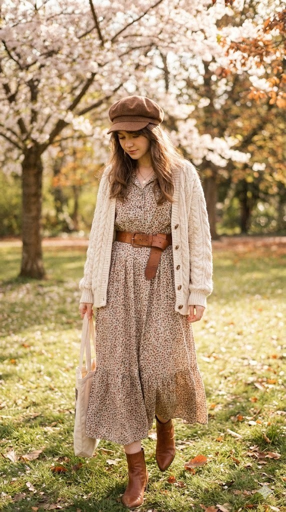 9. Áo Cardigan len xù + Váy hoa nhí dáng dài + Mũ Newsboy nâu + Thắt lưng to bản & Boots mũi nhọn