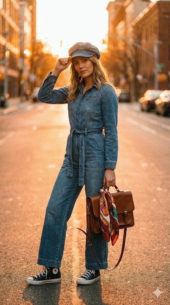 8. Bộ Jumpsuit Denim + Áo len mỏng + Mũ Newsboy Denim + Khăn turban & Giày Converse