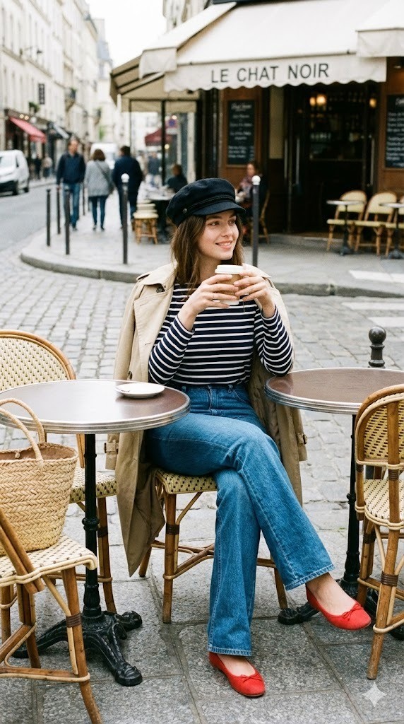 6. Áo thun kẻ ngang + Quần Jean ống loe + Mũ Newsboy đen + Giày búp bê đỏ & Túi cói